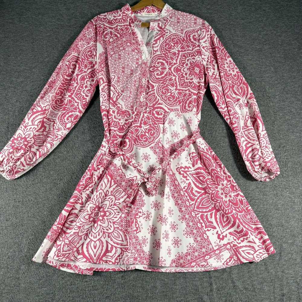 Sunday Up Pink 1/2 Button Up Tie Front Mini Dress Lightweight Party Size M